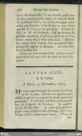 Lettre CLXXII. A la même. A Paris, 4. Décembre, 1673