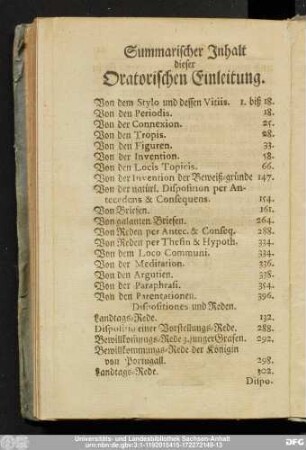 Summarischer Inhalt dieser Oratorischen Einleitung.