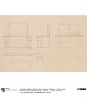 Giessen, Grossherzogliche Wohnung im Alten Schloss Schlafzimmer, drei Aufrisse, Grundriss und Horizontalschnitt des Toilettentisches