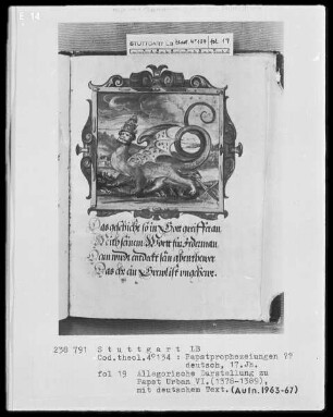 Flugschrift mit Illustrationen aus den Papstprophezeiungen mit antipäpstlichen Spottversen — Allegorische Darstellung zu Papst Urban 6. (1378-1389), Folio 19recto