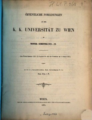 Vorlesungsverzeichnis. 1871/72. WS