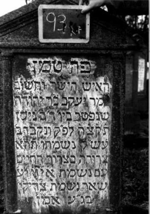 Grabstein 93 (Index: 100111193) Material: Sandstein Zustand: leicht verwittert Maße HxBxT: 139x66x11 cm Beschreibung: ädikulaartige Stele mit Halbsäulen, giebelartiger Abschluß mit Verdachung Symbolik: Blüte: Grabstein 93R-F