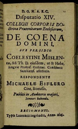 Disputatio XIV. De Coena Domini.