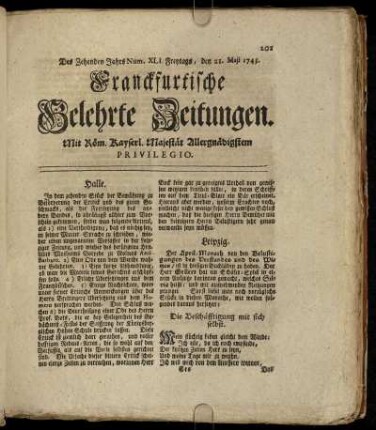 Num. XLI. Freytags, den 21. Maji 1745 - Num. XLX. Dienstags, den 21. Junii 1745