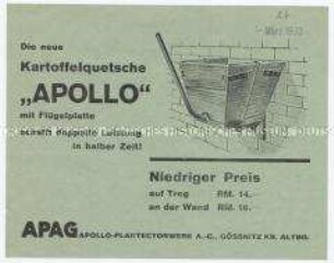 Kartoffelquetsche "Apollo" mit Flügelplatte schafft doppelte Leistung in halber Zeit!