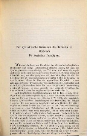 Der syntaktische Gebrauch des Infinitiv in Occleve's "De Regimine Principum"