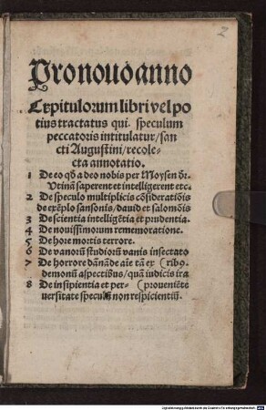 Pro novo anno Capitulorum libri vel potius tractatus qui speculum peccatoris intitulatur sancti Augustini : recolecta annotatio ...