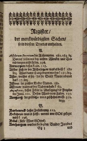 Register / der merckwürdigsten Sachen / so in diesem Tractat enthalten.