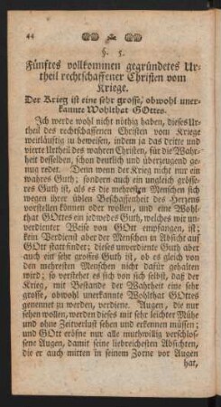 §. 5. Fünftes ... Urtheil ... Der Krieg ist eine sehr grosse, obwohl unerkannte Wohlthat Gottes.