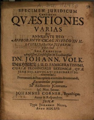 Specimen Iuridicum Continens Quaestiones Varias
