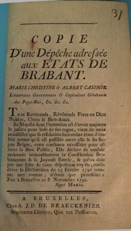 Copie D'une Dépêche adressée aux Etats De Brabant