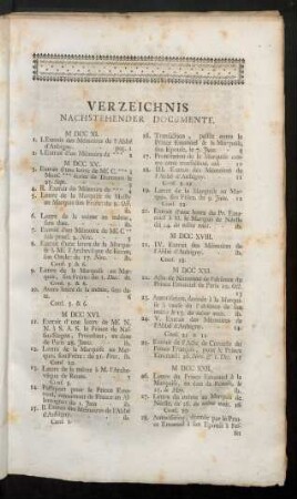 Verzeichnis Nachstehender Documente