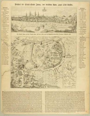 Gedenkblatt an die Beschießung Zittaus durch österreichische Truppen im Siebenjährigen Krieg im Juli 1757 mit einer Stadtansicht vor der Zerstörung und einem Stadtplan während dessen, mit ausführlichem Text, Legenden und Maßstäben