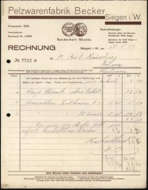 Firmenbriefkopf Becker, Siegen i. W. Pelzwarenfabrik