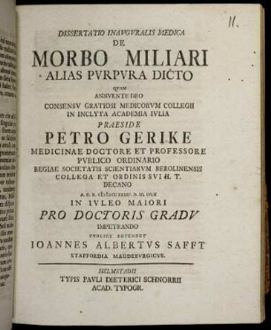 Dissertatio Inavgvralis Medica De Morbo Miliari Alias Pvrpvra Dicto