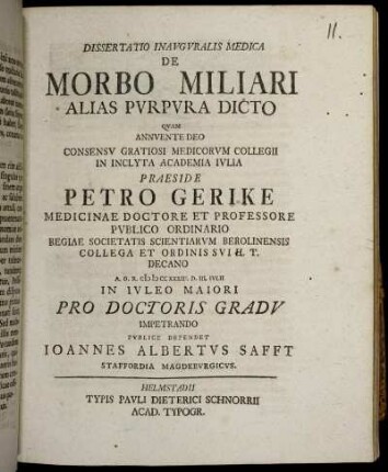 Dissertatio Inavgvralis Medica De Morbo Miliari Alias Pvrpvra Dicto