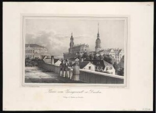 Ansicht vom Zwingerwall mit Blick auf Hofkirche und Opernhaus, Lithographie, um 1860 : Riedel, Johann : Partie vom Zwingerwall zu Dresden / N. d. Nat. gez. u. lith. v. J. Riedel. - Dresden : Täubert ; Dresden : Braunsdorf , [um 1860]. - 1 Kunstbl. : Tonlithogr. ; 25 x 16 cm