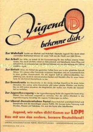 Propagandaflugblatt und Mitgliederwerbung der LDP mit Ausrichtung auf die Jugend