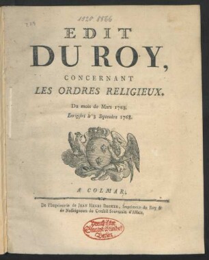 Edit Du Roy, Concernant Les Ordres Religieux : Du mois de Mars 1768. Enrégistré le 3 Septembre 1768