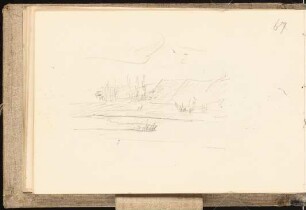 Skizzenbuch mit Aquarellen und Zeichnungen: Landschaft mit Bäumen und Abraumhalde (?)
