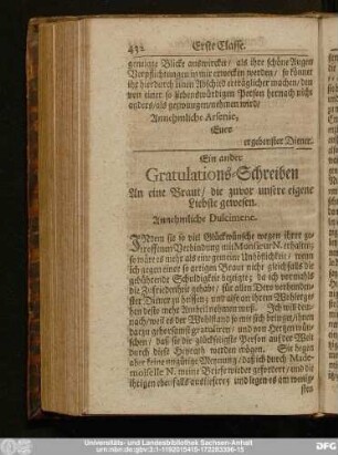 Ein ander Gratulations-Schreiben An eine Braut, die zuvor unsere eigene Liebste gewesen.