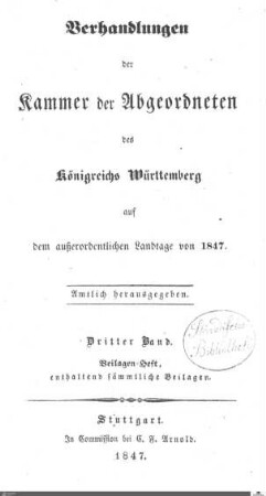 1,62: Landtag Württemberg - Kammer 2, Beilagen 1847