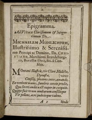 Epigramma Ad Virum Clarissimum & Integerrimum Dn. Michaelem Mühlichium, [...]