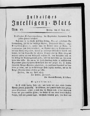 Num. 17, Ausgabe vom 28. April 1815 [S. 166 fehlt.]