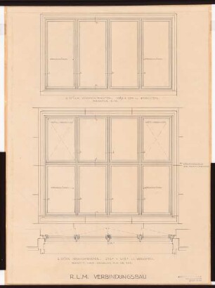 Reichsluftfahrtministerium, Berlin: Verbindungsbau: Verandafenster Ansichten, Grundriss 1:10