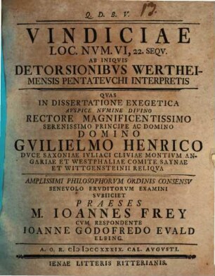 Vindiciae loc. Num. VI, 22. sequ. ab inciquis detorsionibus Wertheimensis Pentateuchi interpretis