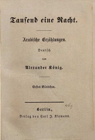 Tausend eine Nacht : Arabische Erzählungen, Erstes Bändchen
