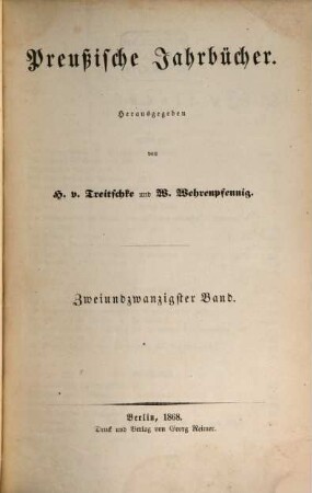 Preußische Jahrbücher. 22. 1868