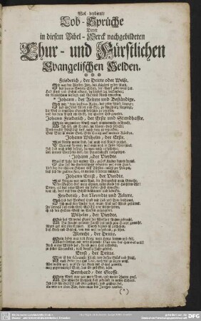 Wol- verdiente Lob- Sprüche Derer in diesem Bibel- Werck nachgebildeten Chur- und Fürstlichen Evangelischen Helden