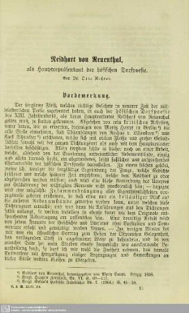 Neidhart von Reuenthal : als Hauptrepräsentant der höfischen Dorfpoesie