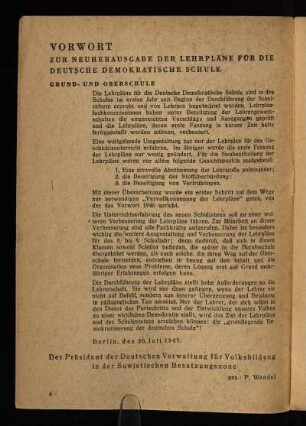 Vorwort zur Neuherausgabe der Lehrpläne für die Deutsche Demokratische Schule