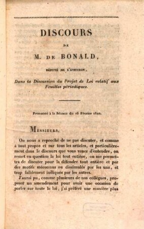 Discours de M. de Bonald, Député de L'Aveyron, Dans la Discussion du Projet de Loi relatif aux Feuilles périodiques : Prononcé à la Séance du 16 Février 1822