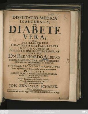 Disputatio Medica Inauguralis, De Diabete Vera