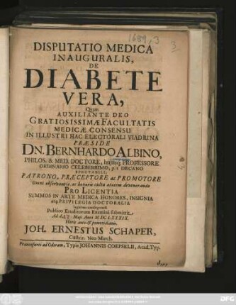 Disputatio Medica Inauguralis, De Diabete Vera