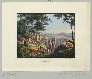Der Brand bei Hohnstein in der Sächsischen Schweiz mit hölzerner Brücke, Eremitage und Grotte und der Aussicht nach Südosten, aus Andenken an die Sächsische Schweiz von C. A. Richter 1820