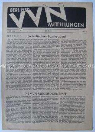 Erste Ausgabe des Mitteilungsblattes der VVN Berlin mit einem Grußwort von Walter Bartel
