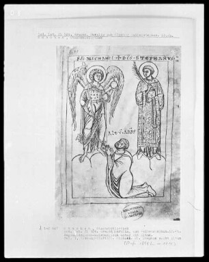 Gregor, Moralia aus Kloster Weihenstephan — Der heilige Michael, der heilige Stephan und Abt Altun von Kloster Weihenstephan, Folio 1recto