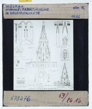 Moskau-Kolomenskoje, Christi-Himmelfahrts-Kirche : Wandfragmente, Kapitell des Pilasters, Grundriss, Aufriss, Fassade, Eckfenster