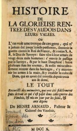 Histoire de la glorieuse rentrée des Vaudois