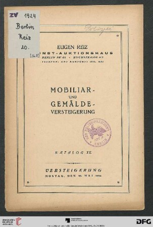 Mobiliar- und Gemälde-Versteigerung : [Gemälde, Mobiliar und kunstgewerbliche Gegenstände usw.] ; Versteigerung 26. Mai 1924 (Katalog Nr. 20)