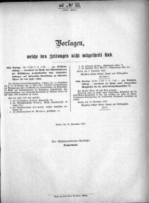 Anlage: ad No. 53 (833-834), Vorlagen, welche den Zeitungen nicht mitgetheilt sind