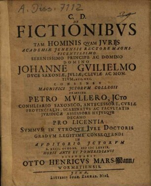De fictionibvs tam hominis qvam jvris