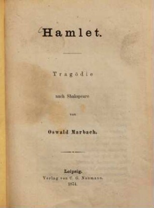 Hamlet : Tragödie nach Shakspeare