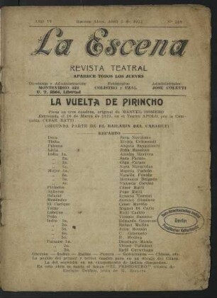 La vuelta de Pirincho : pieza en tres cuadros ; (segunda parte de El bailarín del cabaret)