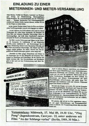 Flugschrift: Einladung zu einer Mieterinnen- und Mieterversammlung, 1989
