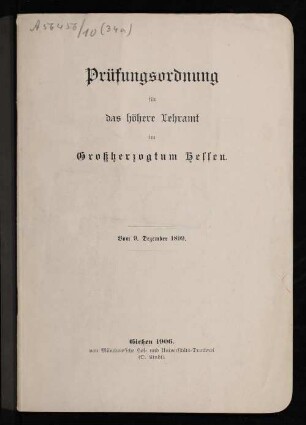 Prüfungsordnung für das höhere Lehramt im Großherzogtum Hessen : vom 9. Dezember 1899